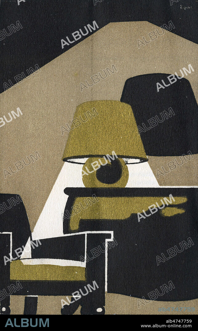 Lampe posee sur un meuble et fauteuil. Brochure publicitaire pour les meubles des etablissements Speich Freres, vers 1930. Illustration par EPOC. Credit : Collection IM/KHARBINE-TAPABOR.