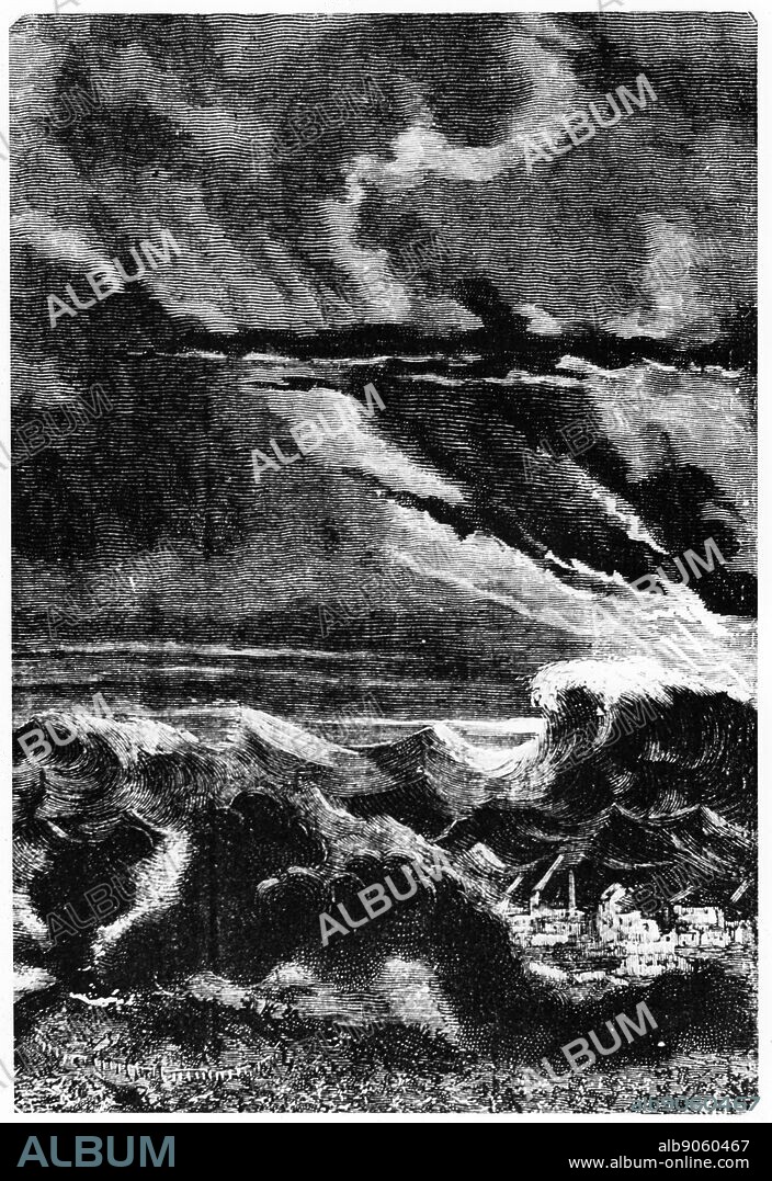 Tidal wave caused by the launch of the space capsule 'Columbiad'. From Jules Verne 'Autour de la Lune', Paris, 1865. Wood engraving.