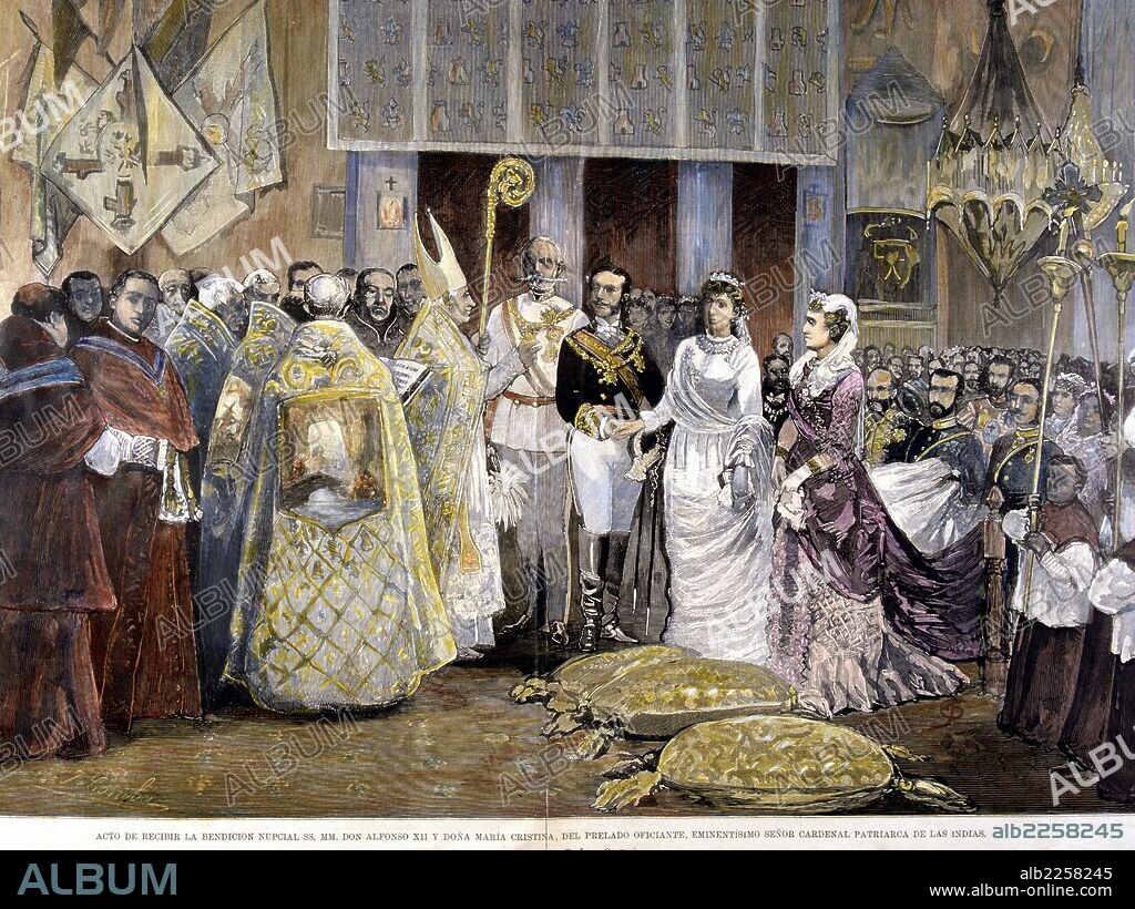 ALFONSO XII. REY DE ESPAÑA. MADRID 1857 - 1885. BODA CON MARIA CRISTINA DE HABSBURGO. GRABADO COLOREADO. ILUSTRACION ESPAÑOLA Y AMERICANA.