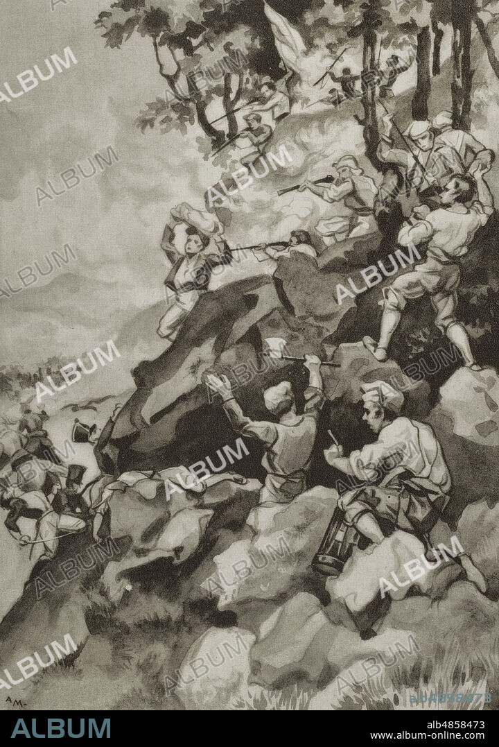 Guerra de la Independencia Española (1808-1814). Cataluña. La Batalla del Bruch. Enfrentamientos que tuvieron lugar el 6 de junio y el 14 de junio de 1808. Los voluntarios y somatenes catalanes sorprendieron a las tropas napoleónicas en el desfiladero del Bruch, derrotando a los franceses. Los guerrilleros de 1808. Historia popular de la Guerra de la Independencia, por Enrique Rodríguez-Solís. Tomo I. Publicado en Madrid, 1930.