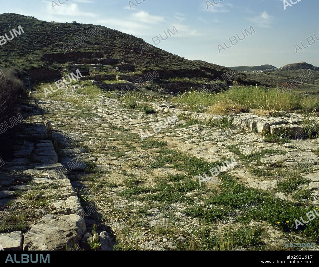 IMPERIO ROMANO. CELSA. Antigua población hispana que perteneció a los ilergetes. Fue colonia de ciudadanos romanos (Colonia Iulia Victrix Celsa). Vista general de las CALLES PAVIMENTADAS. VELILLA DE EBRO. Provincia de Zaragoza. Aragón. España.