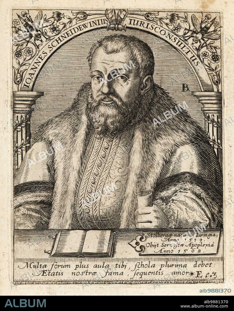 Johann Schneidewein, 1519-1568, German jurist, protege and student of Martin Luther, Rector of Wittenberg University. Ioannes Schneidewinius Iuris consultus. Copperplate engraving by Johann Theodore de Bry from Jean-Jacques Boissards Bibliotheca Chalcographica, Johann Ammonius, Frankfurt, 1650.