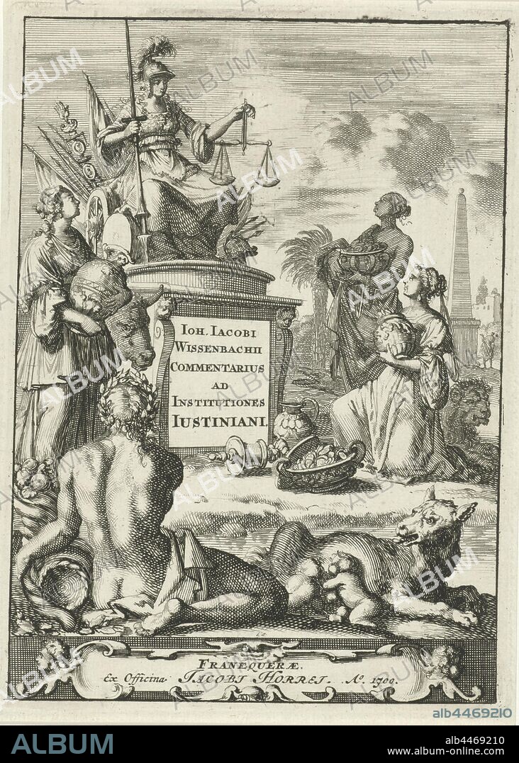 Rome surrounded by Europe, Africa and Asia Title page for: J. Wissenbach, Disputationes ad instituta imperalia, 1700, The personification of the city of Rome sits on an elevation with a scale in her hands. Around her are the personifications of Europe (with bull), Africa (with crocodile) and Asia (with lion). In the foreground lie a river god, Romulus and Remus with the she-wolf, personification of a city, town-patron (ess), Europe represented allegorically, 'Europe' (Ripa), Africa represented allegorically, 'Africa' (Ripa), Asia represented allegorically, 'Asia' (Ripa), river gods, Romulus and Remus are washed ashore and suckled by a she-wolf, 'Lupa Romana', Jan Luyken, paper, etching, h 180 mm × w 130 mm.