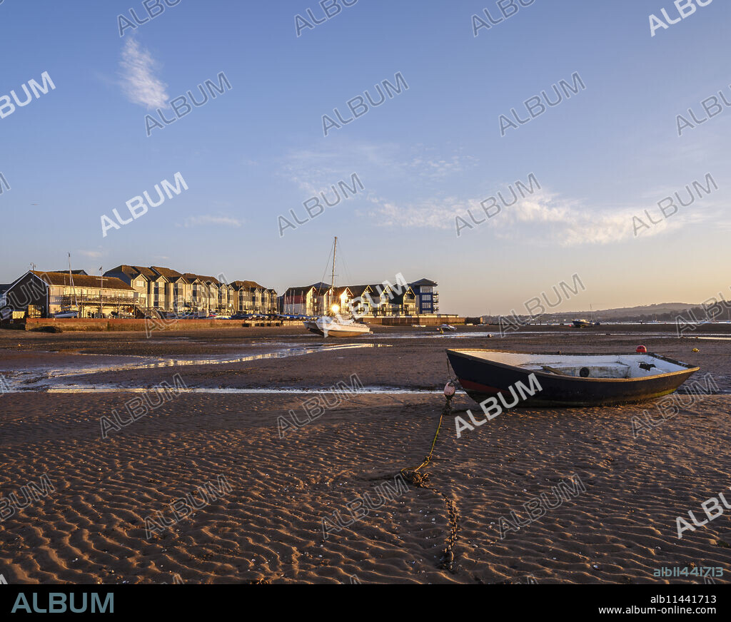 Sunset light on Shelly Beach on the estuary side of Exmouth, Devon, England, United Kingdom, Europe.