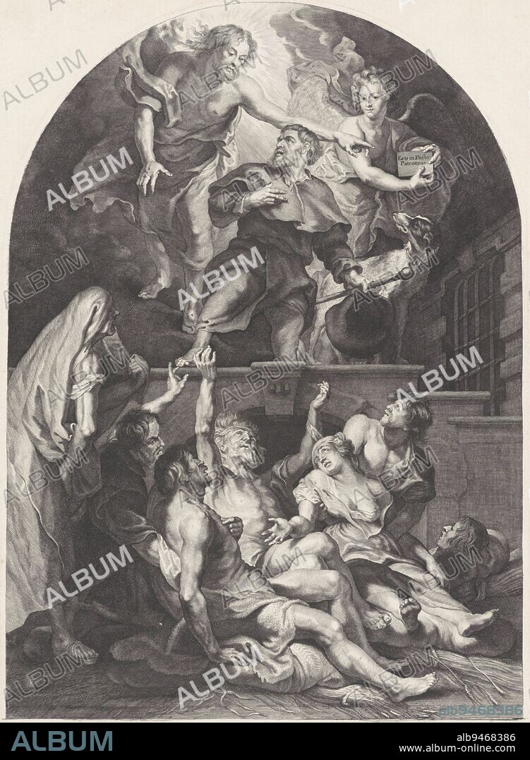 Saint Rochus and the Plague Sufferers, Joseph Hunin, after Paulus Pontius, after Peter Paul Rubens, 1780 - 1851, Christ sends Saint Rochus from a cloud to the plague sufferers. Rochus holds his pilgrim hat and staff in his hand and next to him is his dog. Behind him, an angel displays a text board. Below, seven people, suffering from the plague, ask for help., print maker: Joseph Hunin, Paulus Pontius, intermediary draughtsman: Peter Paul Rubens, Mechelen, 1780 - 1851, paper, engraving, h 539 mm × w 361 mm.