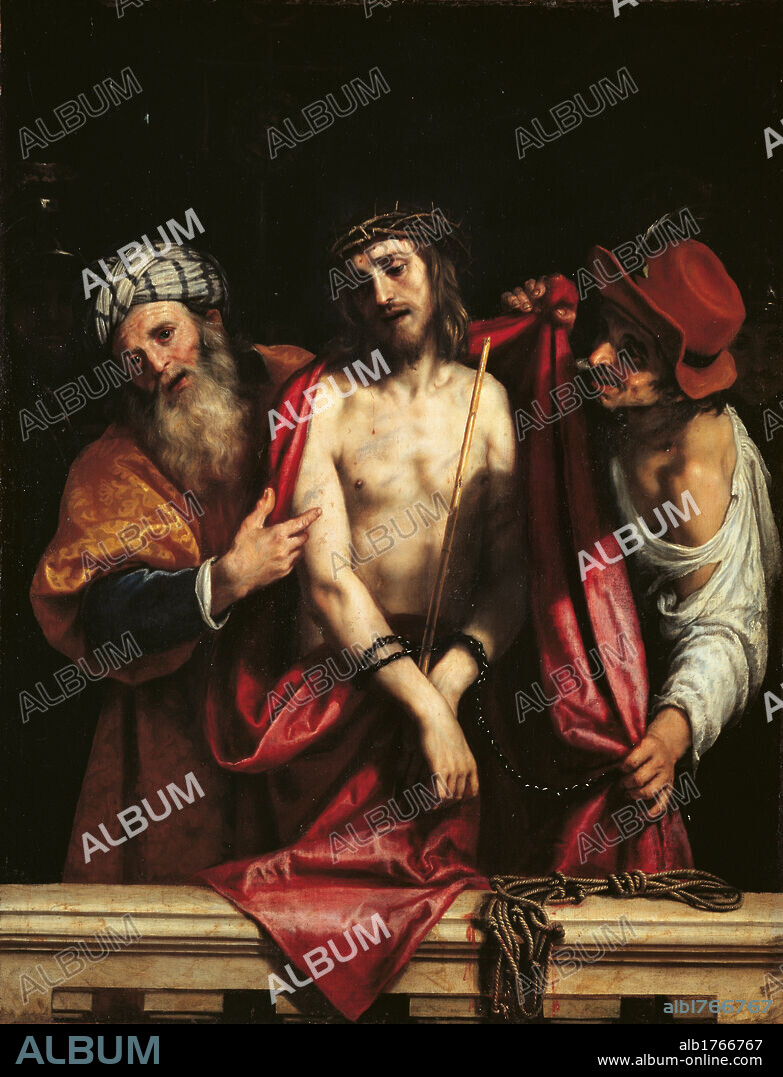 Ecce Homo, by Ludovico Cardi know as Cigoli, 1607, 17th Century, oil on canvas, cm 175 x 135. Italy, Tuscany, Florence, Palazzo Pitti. All. Ecce Homo Jesus Christ chest crown of thorns chains stick cloak red man bearded Pontius Pilate governor Judea damask yellow gold turban killer hat shirt white balustrade. Authorization required for non editorial use.