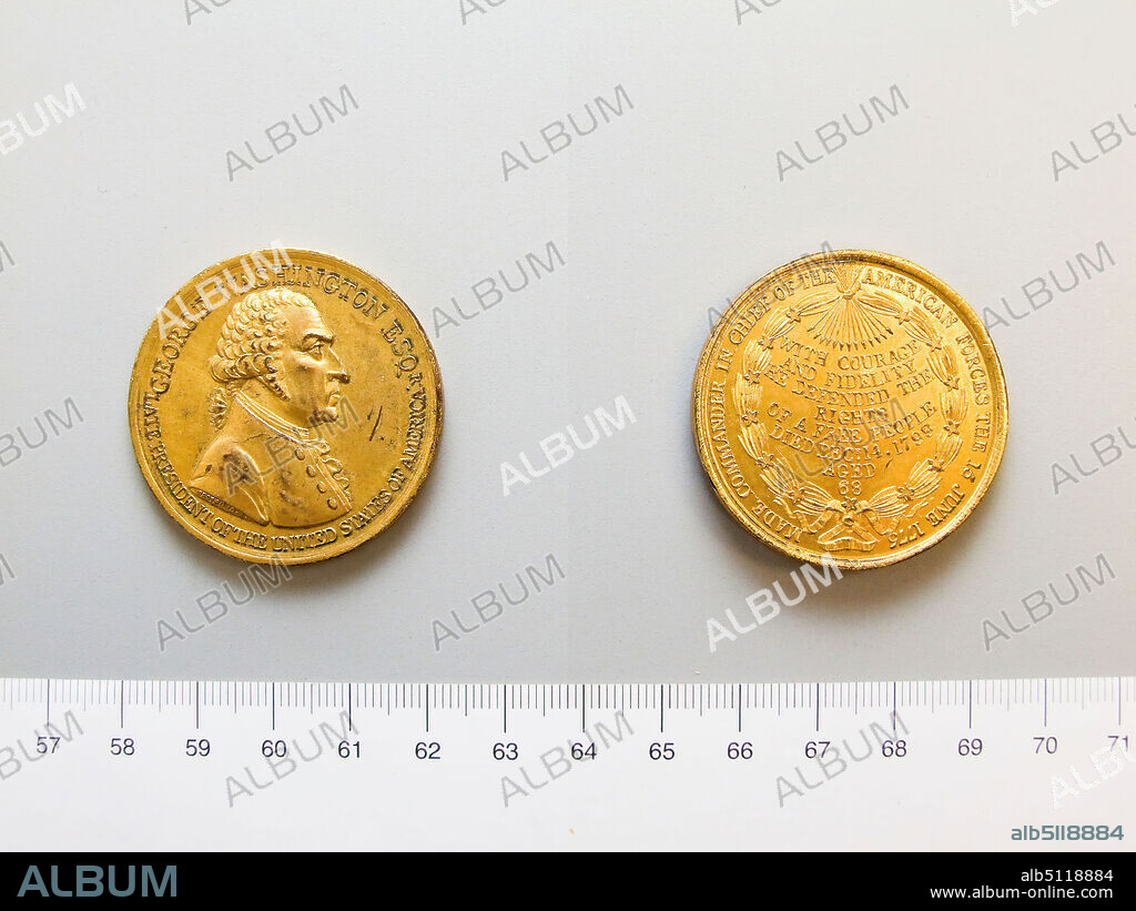 Engraver: John Westwood, British, 17741850, Subject: George Washington, American, 17321799, LL.D. 1822, Commemorating the death of George Washington (Westwood medal), Fire-gilt bronze, 32.52 g, 6:00, 41 mm, Made in England, British, 19th century, Numismatics.