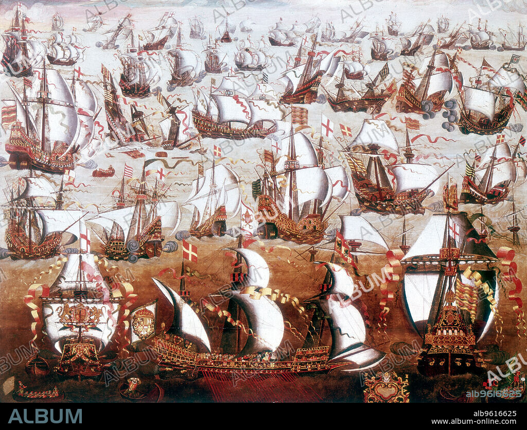 The Spanish Armada which threatened England in July 1588. The ships of the Spanish fleet are shown in combat with British vessels. The Armada, a fleet of 130 ships under the command of the Duke of Medina Sidonia was intended to protect an invasion force commanded by the Duke of Parma as it crossed the English Channel. Harrassment from the smaller, more manoeuvrable vessels of the British Navy, the use of fireships and unfavourable weather conditions meant that the Armada could not achieve its objective of guaranteeing Parma's barges safe passage across the Channel. Ultimately the Armada was swept up the North Sea and much of it was destroyed in storms around the coasts of Scotland and Ireland. Painting in the collection of the National Maritime Museum, Greenwich, England.