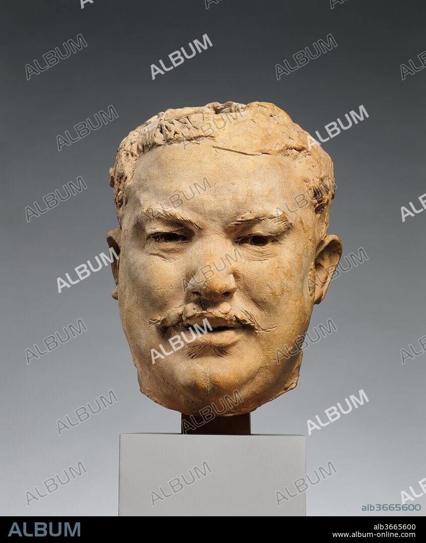 Honoré de Balzac. Artist: Auguste Rodin (French, Paris 1840-1917 Meudon). Culture: French. Dimensions: Height (wt. on block, confirmed): 9 1/4 in., 14.4 lb. (23.5 cm, 6.6 kg). Date: ca. 1891.
In conceiving of Balzac's monument, Rodin refused to execute a superficially accurate likeness based on photographs of the deceased writer. Instead, he traveled to Balzac's native Touraine province in order to be inspired by men who resembled him. A burly local named Etrager sat for the portrait. In this terracotta sketch, Etrager's hefty features, furrowed brow, and penetrating expression echo Balzac's. The sculptor made several sketches for the face before transforming it into an abstracted mask.