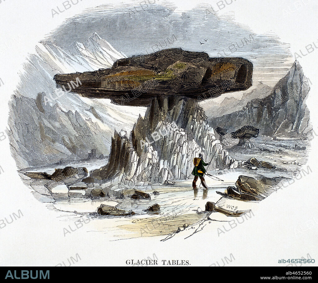 'Glacier Tables' - table glaciere. Illustration par J.W. WHYMPER (1813-1903) de 1849. Credit : Collection SSPL/KHARBINE-TAPABOR.