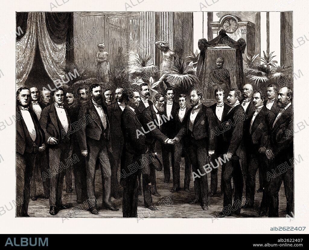 THE OPENING FESTIVAL OF THE GORDON BOYS' HOME: THE PRINCE OF WALES RECEIVING THE GUESTS, UK, 1886: Sir Thomas Brassey, Cardinal Manning, Sir Henry James, General Sir Peter S. Lumsden, Sir Evelyn Wood, Sir Charles Warren, Lord Napier of Magdala, Prince Albert Victor of Wales, Duke of Connaught, Duke of Teck, Prince Christian, Bishop of London, Sir Richard Temple, Lord Iddesleigh, Sir William Gull, Mr. W.H. Smith.