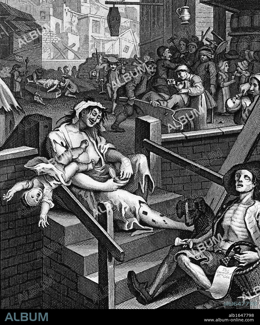 Gin Lane is a print issued in 1751 by William Hogarth (1697 - 1764) an English painter, printmaker, in support of what would become the Gin Act. It depicts the evils of the consumption of gin.