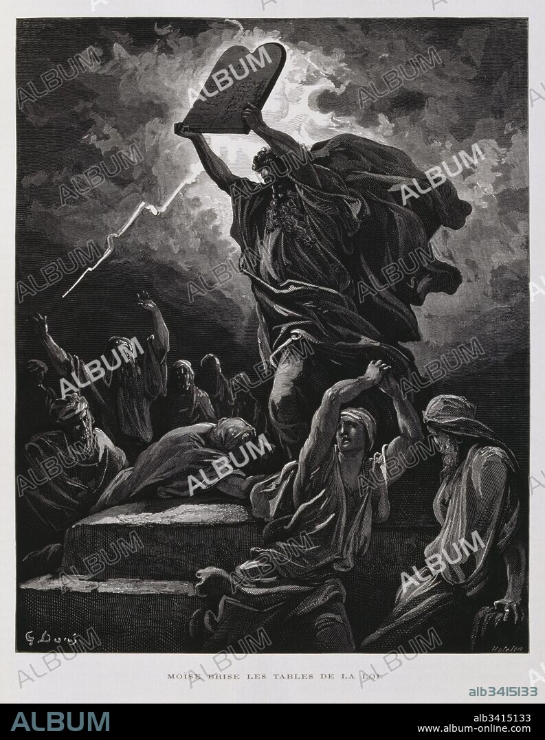 Moses breaks the tablets of law containing the ten commandments after his descent from Mount Sinai, Illustration from the Dore Bible 1866. In 1866, the French artist and illustrator Gustave Doré (1832–1883), published a series of 241 wood engravings for a new deluxe edition of the 1843 French translation of the Vulgate Bible, popularly known as the Bible de Tours. This new edition was known as La Grande Bible de Tours and its illustrations were immensely successful..