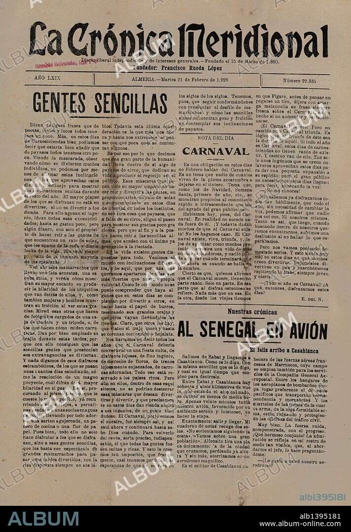 Portada del diario "La Crónica Meridional", de Almería, del 21 de febrero de 1928.