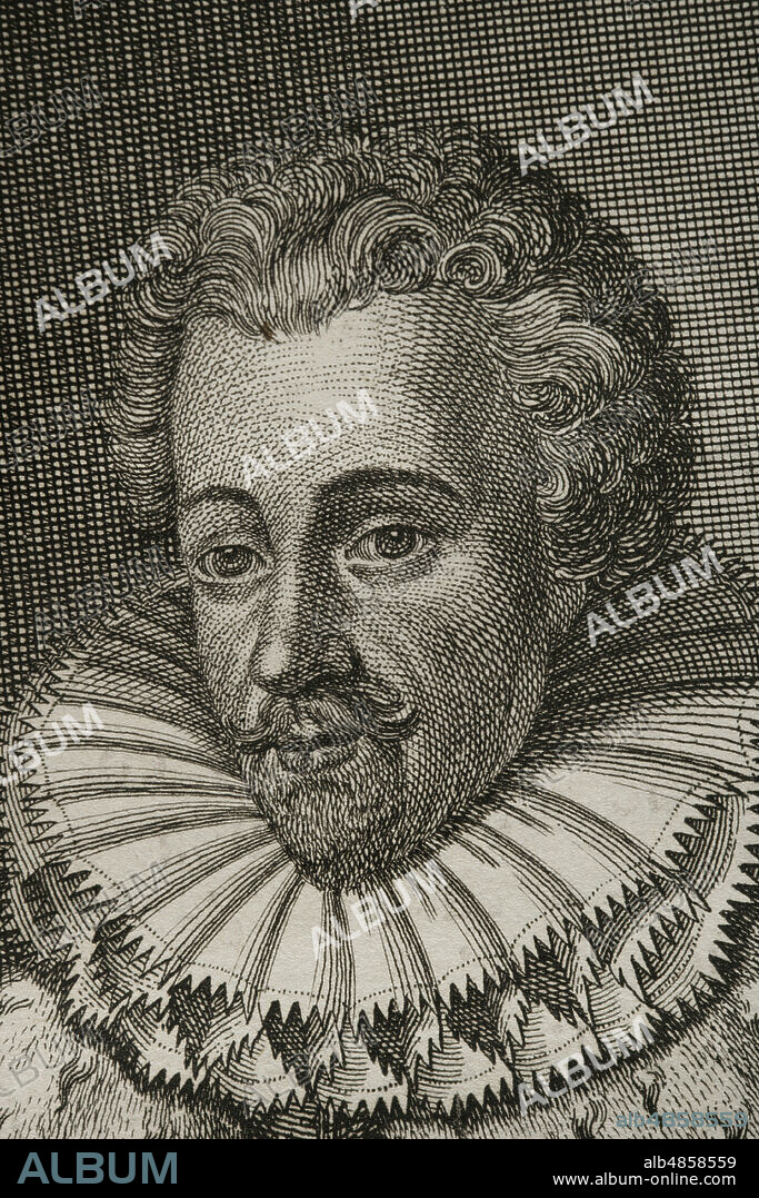 Francisco de Anjou (1554-1584). Príncipe francés. Duque de Anjou y Alençon. Retrato, detalle. Grabado. Guerras de Flandes. Edición publicada en Amberes, 1748. Biblioteca Histórico Militar de Barcelona. Cataluña. España.