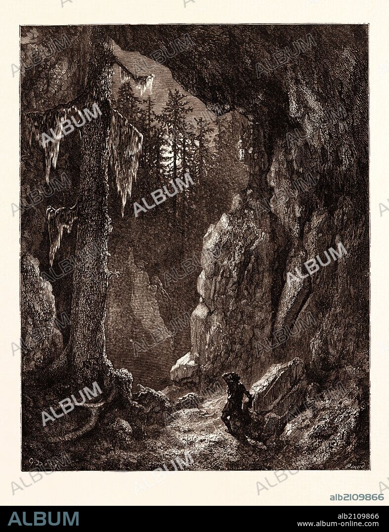 CHACTAS SEEKING FOR THE GRAVES OF FATHER AUBRY AND ATALA, BY GUSTAVE DORÉ. Dore, 1832 - 1883, French. Engraving for Atala by Chateaubriand. 1870, Art, Artist, romanticism, colour, color engraving.