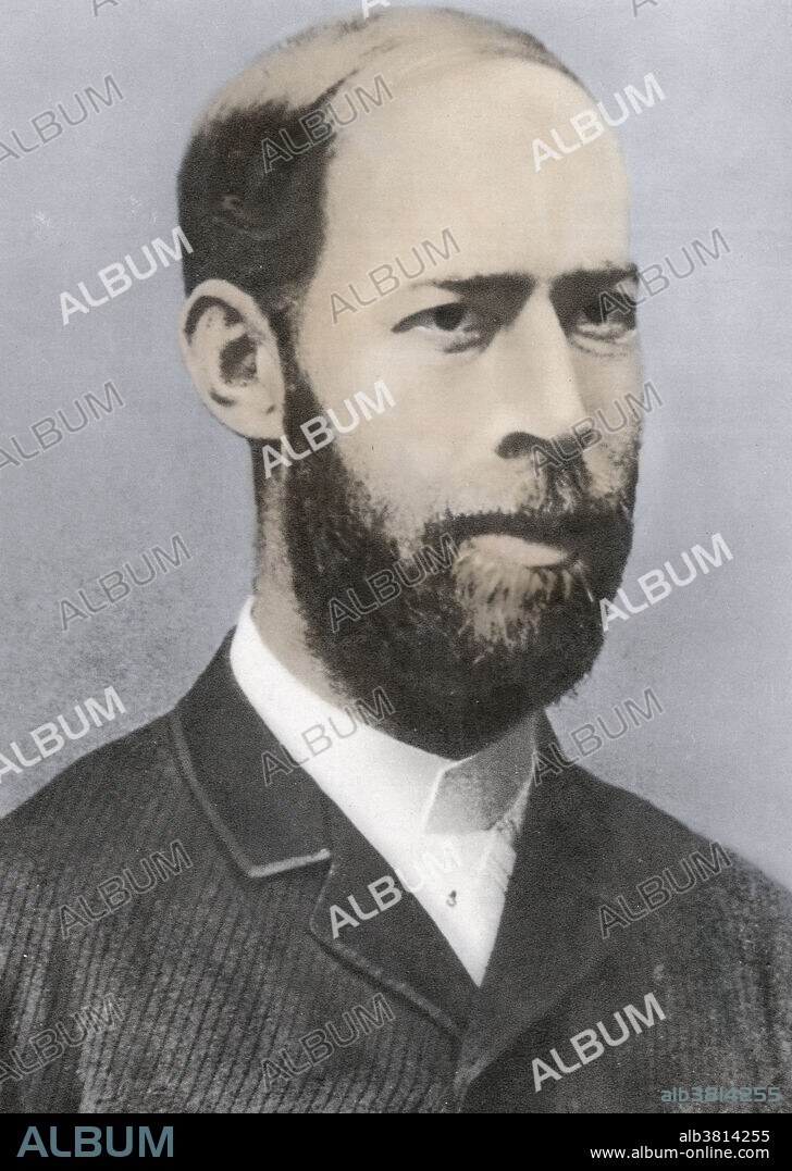 Portrait of Heinrich Rudolf Hertz (1857-1894), German physicist and discoverer of radio waves. Hertz studied at Berlin, gaining his PhD in 1880. He then moved to Kiel, where he started investigations in electromagnetism. He used Maxwell's theories to construct an oscillating electrical circuit with a spark gap. With such a circuit, Maxwell had predicted that electromagnetic radiation would be produced. Hertz showed this to be correct, and devised a loop antenna to detect the waves. He was also able to show that these waves travelled at the speed of light. Hertz died from blood poisoning at the age of 36 while a professor of physics at Bonn.