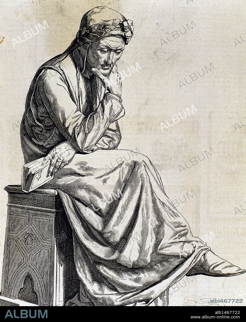 DANTE ALIGHIERI (Florencia, 1265-Ravena, 1321). Poeta italiano. Una de sus principales obras es "La Divina Comedia", iniciada en 1307. Grabado.