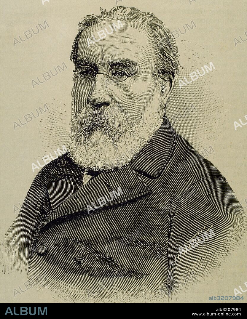 Francesc Pi i Margall (1824-1901). Catalan politician, federalist and libertarian socialist statesman and writer. He was briefly president of the First Spanish Republic in 1873. Portrait. Engraving by Arturo Carretero. "La Ilustracion Espanola y Americana".