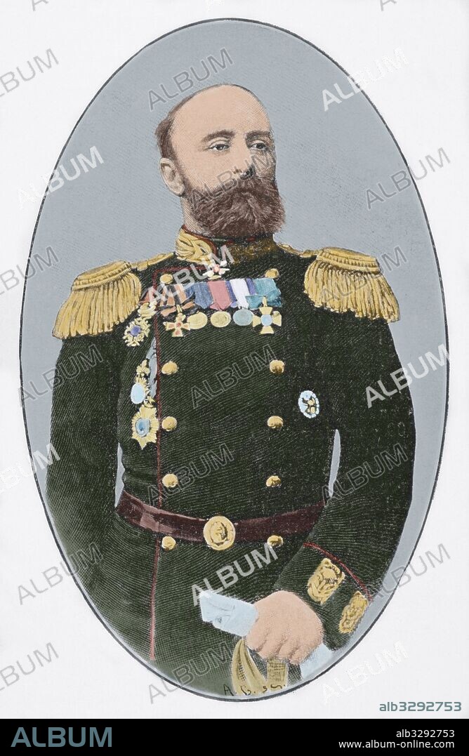 Capitán ruso Vsévolod Rúdnev (1855-1913) al mando del crucero Varyag de la Armada Imperial Rusa. Participó en la Guerra Ruso-Japonesa, en la Batalla de CHemulpo. Retrato. La Ilustración Española y Americana, 1904. Coloreado.