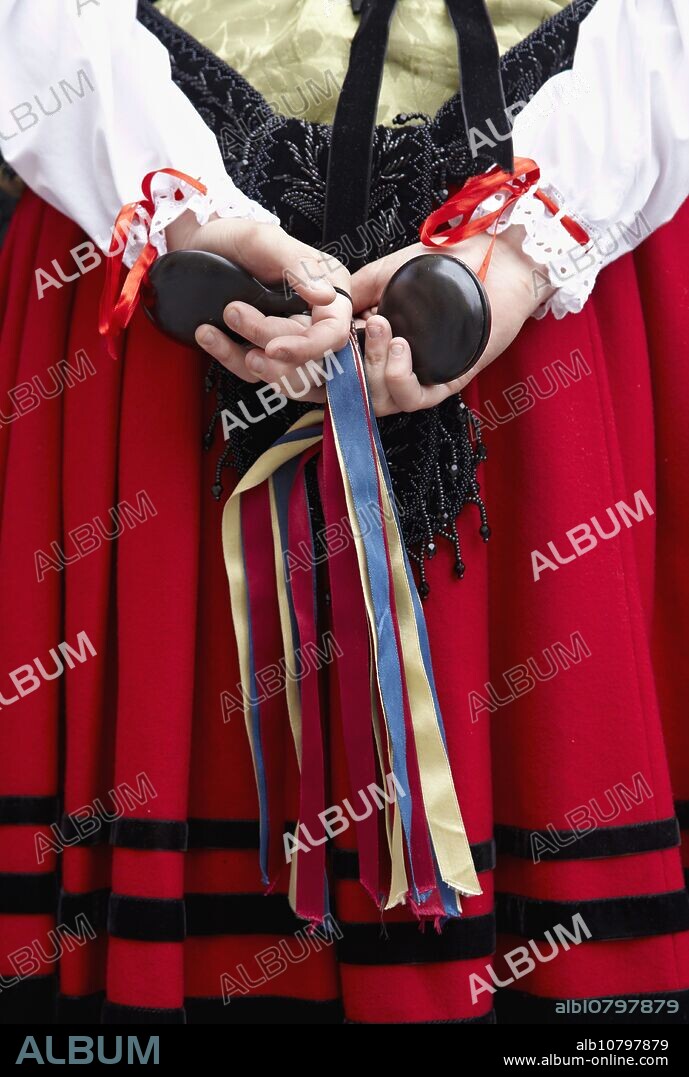 Traditional costumes, Asturian folklore, Plaza mayor, Gijon, Asturias Spain.