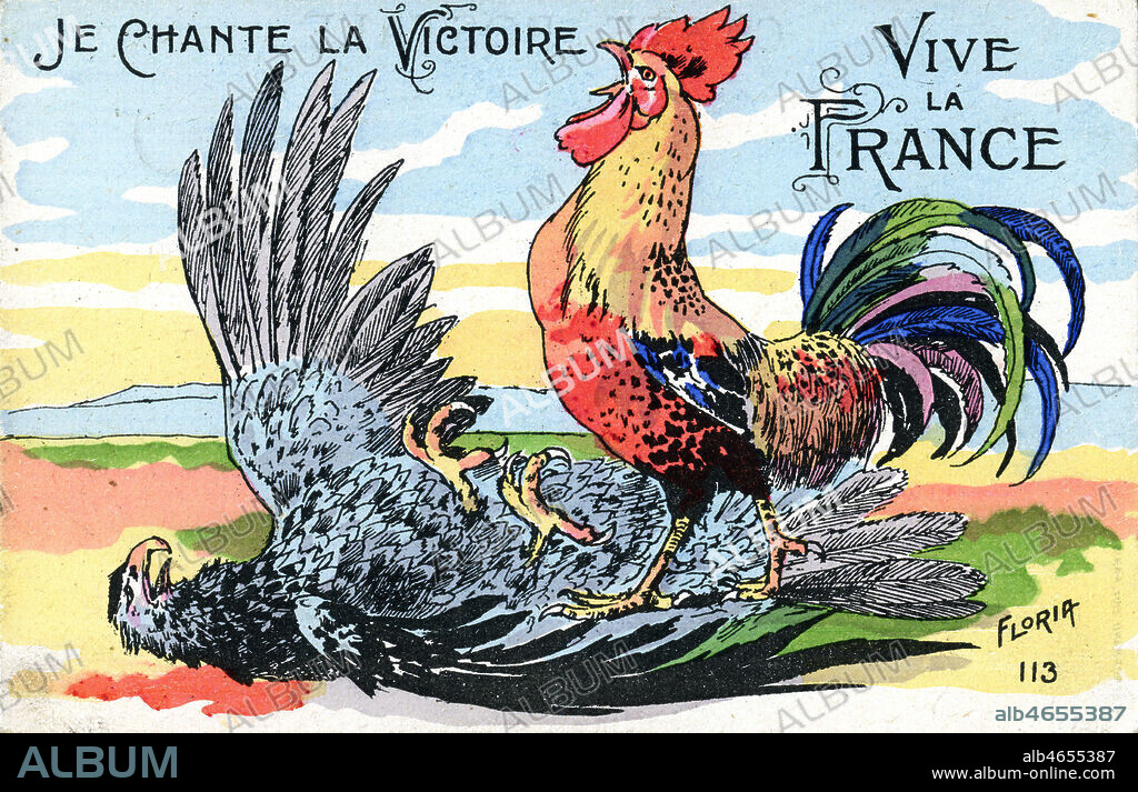 Je chante la victoire Vive la France. Coq francais ayant terrasse l'aigle allemand). Caricature de FLORIA (20 s.) pour une carte postale envoyee en 1919. Credit : IM/Kharbine-Tapabor.