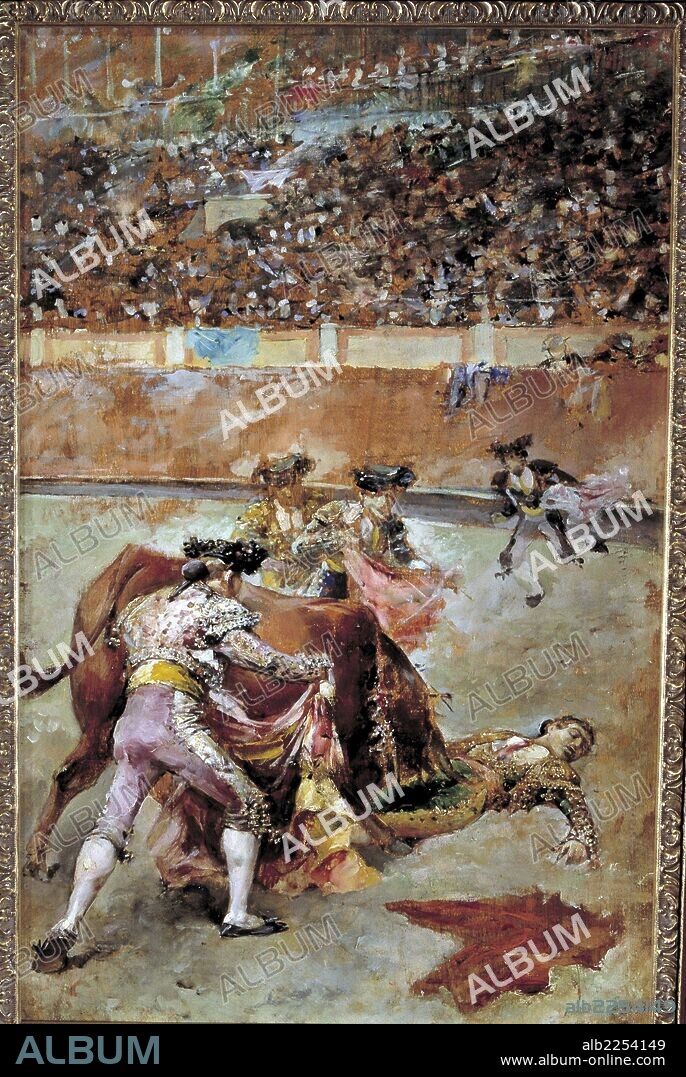 ESPARTERO , EL. MANUEL GARCIA CUESTA. ,ATADOR DE TOROS ESPAÑOL. SEVILLA 1865 - 1894. " COGIDA Y MUERTE DE ESPARTERO ". OLEO DE JOSE DENIS. MUSEO TAURINO. MADRID. TAUROMAQUIA.