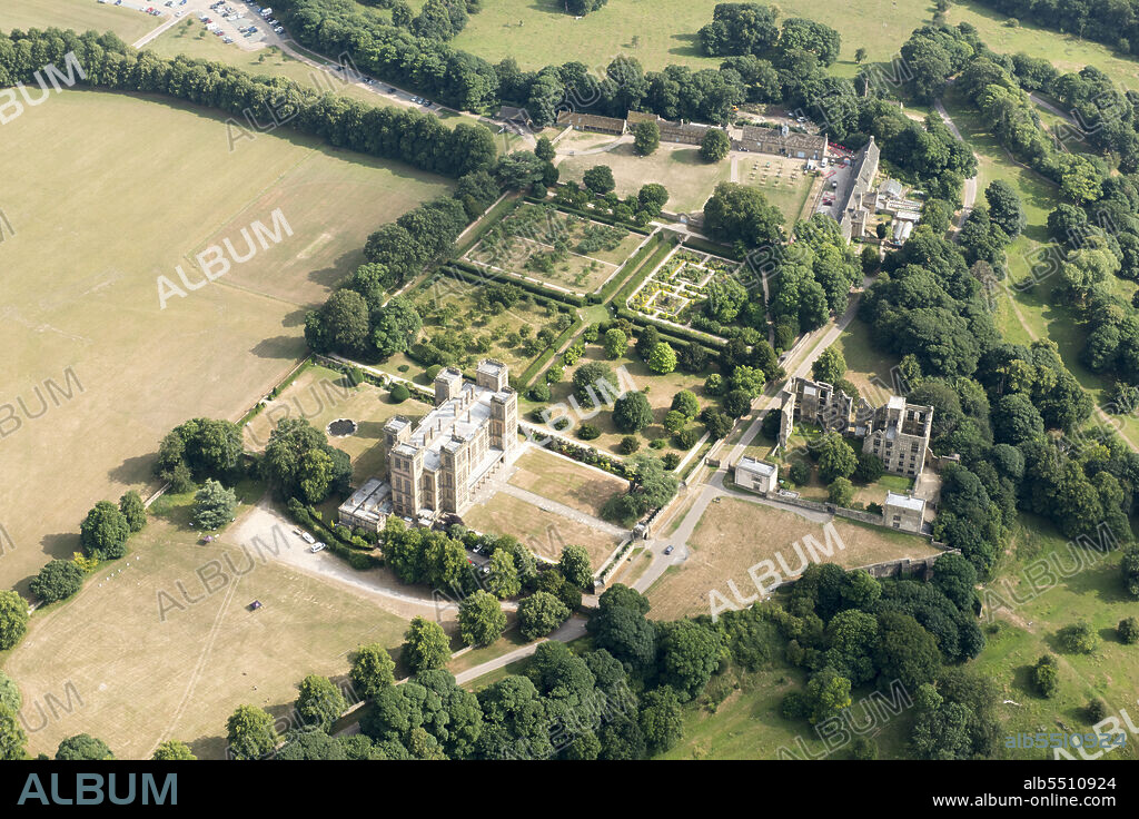HISTORIC ENGLAND. Hardwick Hall, formal garden and the ruins of Hardwick Old Hall, near Mansfield, Derbyshire, 2018 .