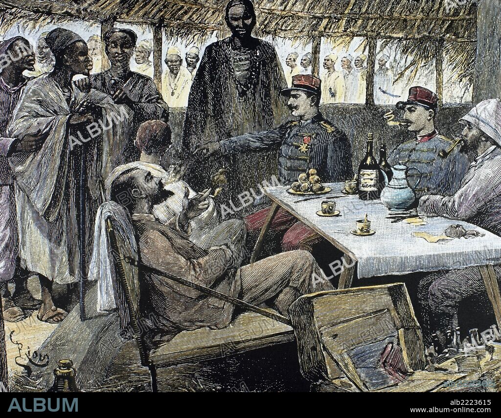 HISTORIA DE AFRICA. COLONIALISMO FRANCES. "JEFE DE TRIBU AFRICANA ENTREVISTANDOSE CON LOS FRANCESES". Grabado coloreado del siglo XIX.