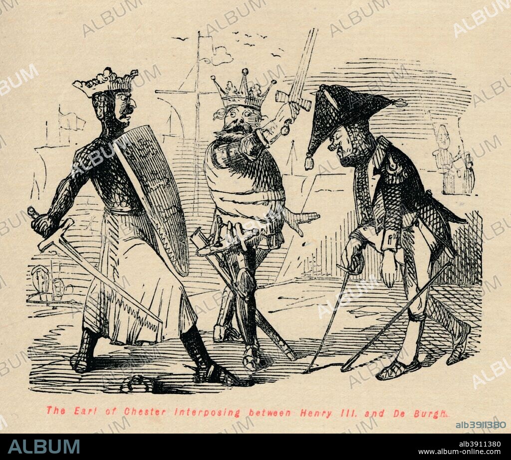 'The Earl of Chester interposing between Henry III and De Burgh', c1860, (c1860). Ranulf de Blondeville, 6th Earl of Chester (1170-1232) halting a conflict between Henry III (1207-1272) and his adviser Hubert de Burgh, 1st Earl of Kent (c1170-1243). In 1228, Hubert de Burgh failed to provide adequate ships for a French invasion. From The Comic History of England, Volume I, by Gilbert A A'Beckett. [Bradbury, Agnew, & Co., London].