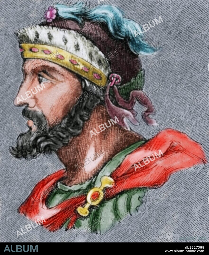 ATANAGILDO. Rey visigodo (551-Toledo, 567), elegido por los enemigos de Agila durante una sublevación de la Bética. Grabado coloreado.