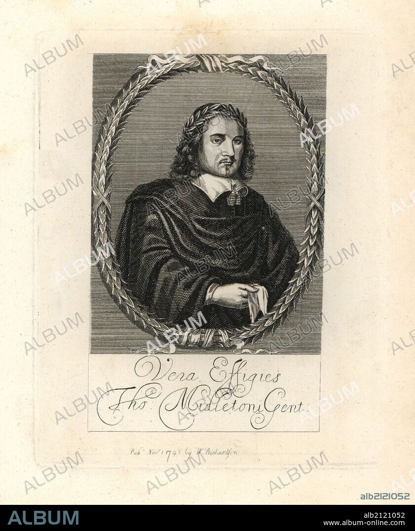 Thomas Middleton, poet. Engraved from a scarce print prefixed to his "Plays." Copperplate engraving from Richardson's "Portraits illustrating Granger's Biographical History of England," London, 1792–1812. Published by William Richardson, printseller, London. James Granger (1723–1776) was an English clergyman, biographer, and print collector.