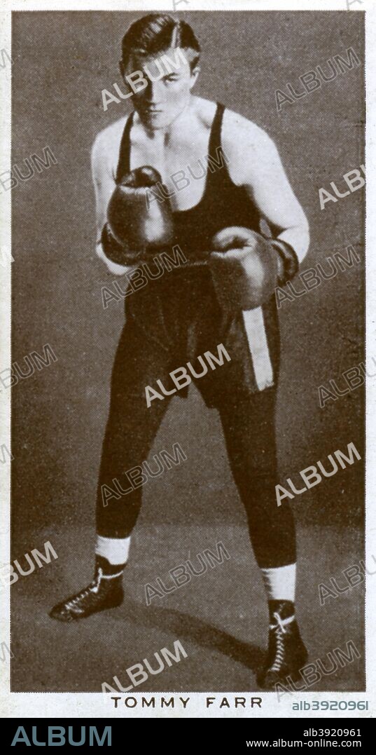 Tommy Farr, Welsh boxer, 1938. Born in South Wales and nicknamed the 'Tonypandy Terror', Farr (1913-1986) became British and Empire champion in 1937. Later that year he fought Joe Louis for the world title, only losing on points after 15 rounds. A Churchman's Cigarettes picture card.