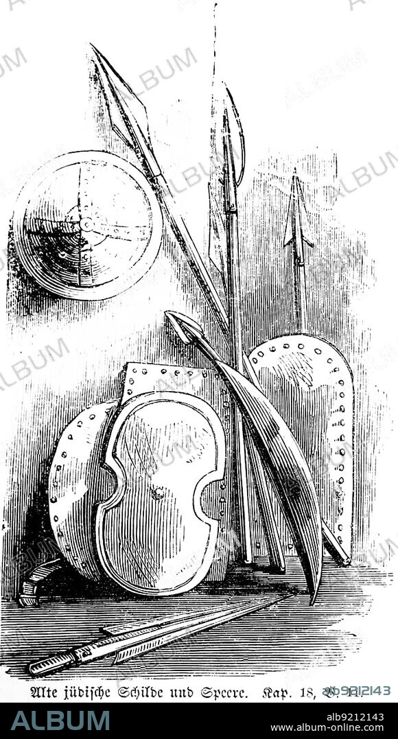 Ancient Jewish shields and spears, weapons, Dan, Zarea, Esthaol families, six hundred men, spears, shields, lances, Bible, Old Testament, Book of Judges, chapter 18, verse 11, historical illustration c. 1850, Middle East.