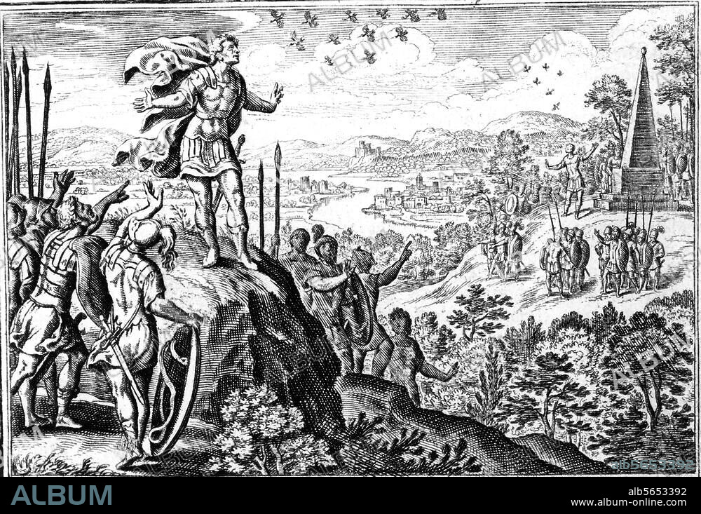 THE ELDER MATTHAEUS MERIAN. Roman history / Founding of Rome 753 BC. Romulus and Remus determine the location of the city by the flight of a bird. Copper engraving by Matthäus Merian t. E. (1593-1650). From: Johann Ludwig Gottfried, Historische Chronica, Frankfurt a. M. (M.Merian) 1630, p. 62. Berlin, Sammlung Archiv für Kunst und Geschichte.