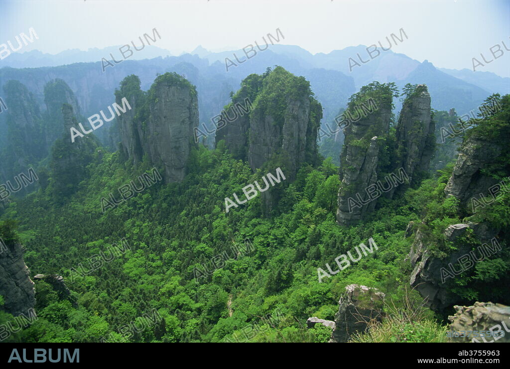 Spectacular limestone outcrops and forested valleys of Zhangjiajie Forest Park in Wulingyuan Scenic Area in Hunan Province, UNESCO World Heritage Site, China, Asia.