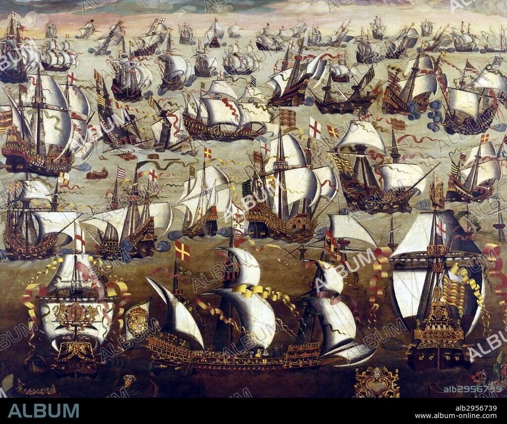 Painting depicting the Spanish Armada, a Spanish fleet or 130 ships that sailed from Coruna in August 1588, under the command of the Duke of Medina Sidonia with the purpose of escorting an army from Flanders to invade England. Dated 16th Century.