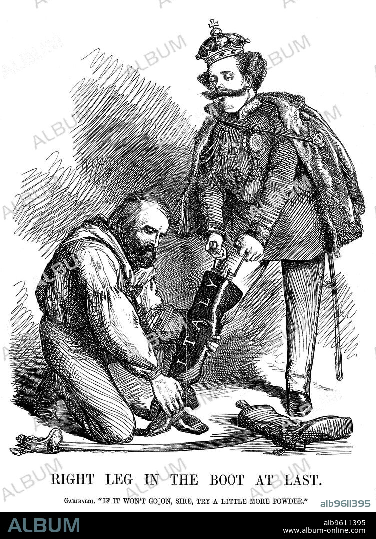 Giuseppe Garibaldi (1807-82) helping Victor Emmanuel II (1820-78) put on the boot of Italy. The Unification of Italy. John Tenniel cartoon from Punch, London, 17 November 1860. Wood engraving.