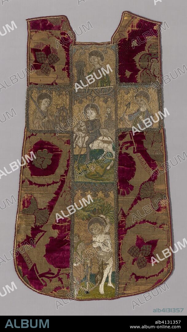 Chasuble Front with Orphrey Cross. Chasuble: Italy, Florence; Orphrey Cross: Bohemia or Germany. Date: 1401-1500. Dimensions: Chasuble: 126.6 × 70.5 cm (49 7/8 × 27 3/4 in.)
Orphrey Cross: 112 × 57.7 cm (44 × 22 3/4 in.). Chasuble: silk, plain weave with silk supplementary facing wefts, bound by secondary binding warps and gilt-metal-strip-wrapped silk facing wefts  forming weft loops in areas and supplementary pile warps forming cut, pile-on-pile voided velvet; Orphrey Cross: linen, plain weave; embroidered with silk floss and gilt- and-silvered-animal-substrate-wrapped linen in bullion, outline, satin, and split stitches; laid work, couching and padded couching; orphrey braid: silk and silver-gilt strip wound around silk fiber core, plain weave, open work with weft deviations; fringe: silk and gold-gilt-strip wound around silk fiber core, warp-faced plain weave with extended ground weft and supplementary patterning weft uncut fringe off one edge; lining: linen, plain weave. Origin: Florence.