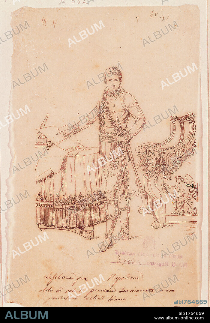 Drawing of Napoleon in gala uniform, by Lefvre Robert, 19th Century, drawing,. Italy, Lombardy, Milan, Bertarelli Civic Print Collection. Full view. Portrait of Napoleon Bonaparte in gala uniform table table cloth chair in the Imperial style brown tones.