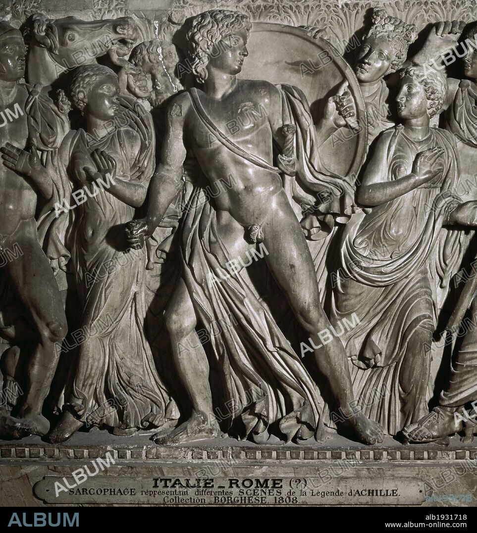 Aquiles. Héroe griego de La Ilíada que participó en la Guerra de Troya. Sarcófago Ático con la representación de Aquiles en la Corte del rey Licomedes (detalle de un panel). Griego. Hacia el 240 d.C. Mármol. Procedente de Roma. Colección Borghese. Museo del Louvre. París. Francia.