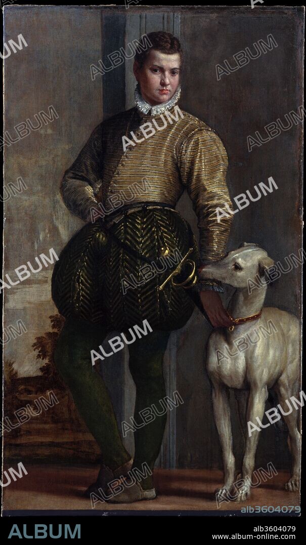 Boy with a Greyhound. Artist: Paolo Veronese (Paolo Caliari) (Italian, Verona 1528-1588 Venice). Dimensions: 68 3/8 x 40 1/8 in. (173.7 x 101.9 cm). Date: possibly 1570s.
This portrait was purchased by the great American collectors Harry and Louisine Havemeyer from the noble Martinengo family of Brescia, who believed it to represent a young man related to them from the Colleoni family of neighboring Bergamo. The painting, probably dating to the 1570s, hung in the Martinengo villa and its conception recalls Veronese's illusionistic frescoes in other Veneto villas, in one of which members of the family are shown as though entering the space of the viewer through an open door.
The sky, painted in a fugitive smalt blue, has lost most of its color.