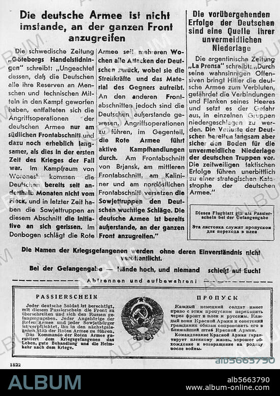2. Weltkrieg / Sowjetunion 1941-45:. Abwurf von Flugblättern aus Flugzeugen über den deutschen Linien. "Die deutsche Armee ist nicht imstande, an der ganzen Front anzugreifen (...) ". Aufruf an deutsche Soldaten sich zu ergeben. Sowjet. Flugblatt, "Front-Nachrichten", (Rückseite), Nr. 219, August 1942.