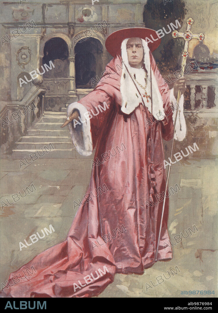 E.S. Willard as Cardinal de' Medici in The Cardinal, a historical play by Louis N. Parker at the St. James Theatre, London, 1903. Edward Smith Willard, British stage actor, 1853-1915. Colour printing of a hand-coloured illustration based on a monochrome photograph from George Newness Players of the Day, London, 1905.