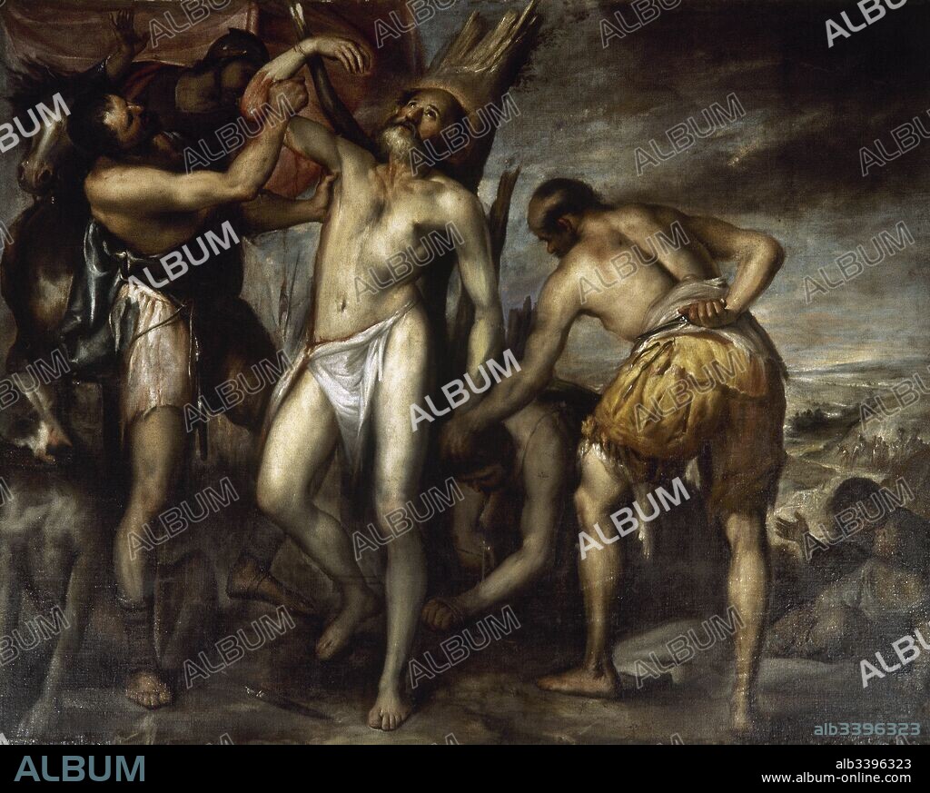 Diego Polo el Mozo: "Martirio de San Bartolomé". El santo, atado a un árbol, es desollado vivo. Pintura realizada en el último tercio del siglo XVII. Iglesia parroquial de Barasoain (Valdorba). Navarra.