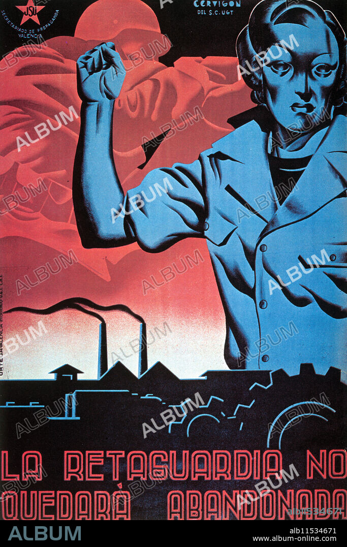 CERVIGNON. La Retaguardia no Quedara Abandonada.  Young Girl holds clenched fist aloft in front of a solider firing a rifle the base of which are silhouettes of factories.