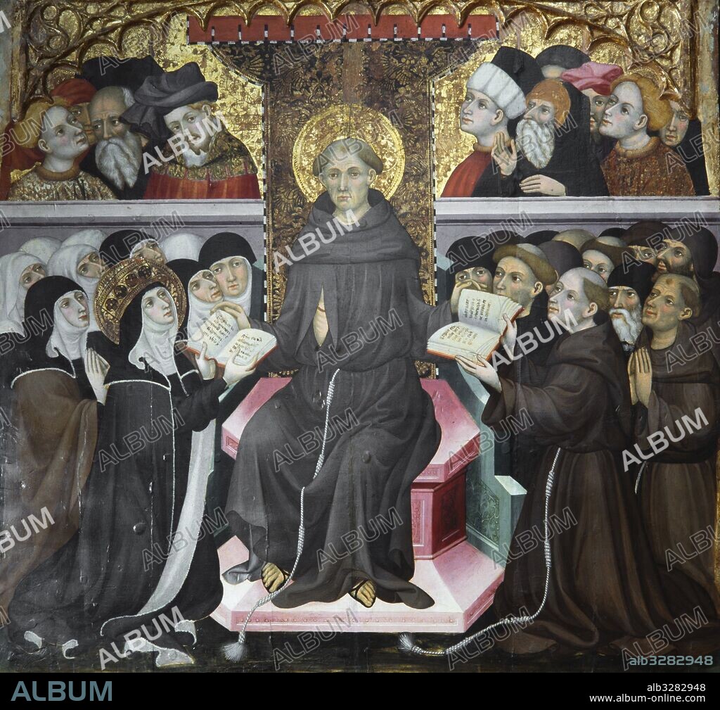 LLUIS BORRASSA. Altarpiece from Santa Clara, 1414 - 1415. Altarpiece dedicated to Saint Francis. Scene of Saint Francis, enthroned with the open wound, giving the Rule to Saint Clare and the friars. Tempera on wood. 610 x 422 cm. From the old convent of Santa Clara in Vic (Osona). Museu Episcopal de Vic.