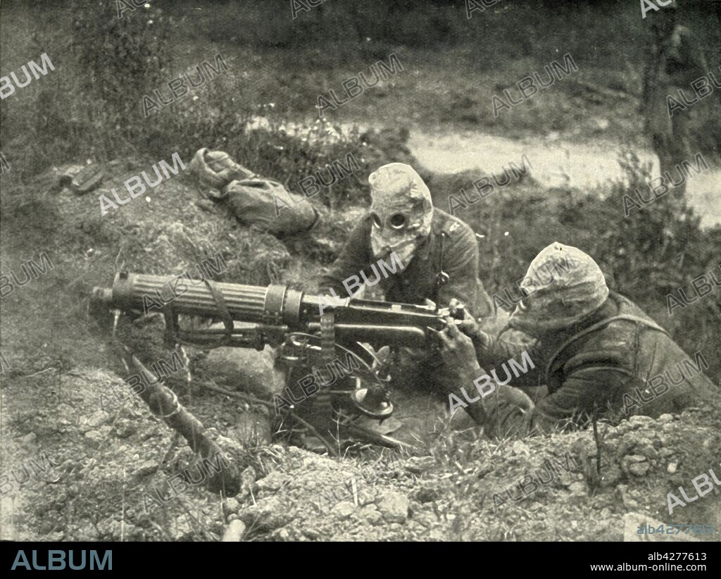 'Machine Gunners in Action Wearing their Gas Helmets', (1919). Scene from the First World War, 1914-1919. From "The History of the Great European War: its causes and effects", Vol. X, by W. Stanley Macbean Knight. [Caxton Pulishing Company, Limited, London, 1919].
