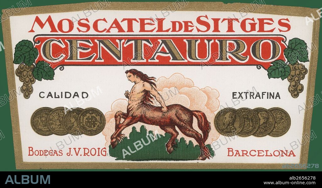 Publicidad. Moscatel de Sitges Centauro. Bodegas J.V. Roig, años 1930.