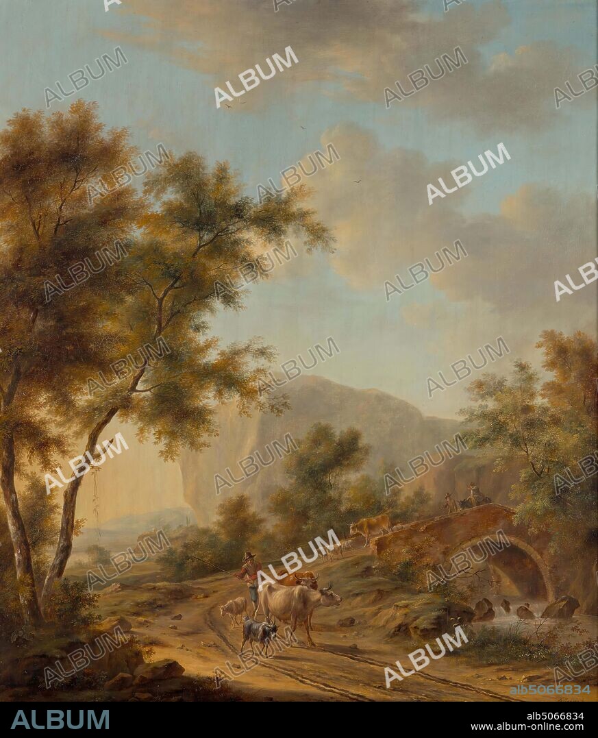 painting, Johannes Janson, second half 18th century, Signature front, bottom right: Js. Janson f, panel, oil paint, painted, Carrier: 63 × 54 × 1cm 630 × 540 × 10mm, With frame: 75 × 66.5 × 5.5cm 750 × 665 × 55mm, cow, shepherd, mountain landscape, sheep, water surface, donkey, goat, tree, painting depicting a mountain landscape, painted with a sunny backlight. On a winding road, a shepherd walks with his flock: two cattle, a goat and a sheep. To the right flows a stream over which a stone bridge has been laid, over which a shepherdess on an ass, a shepherd and a flock approach. On the left are two tall trees. A rock can be seen in the background. Signed bottom right. The painting is in a gilded wooden frame, 1893.